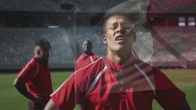 In red uniforms, rugby players standing on field, preparing for game animation. Sports, team, athletes, competition, teamwork, preparation - Powered by Shutterstock - Get 15% off with code: PIKWIZARD15