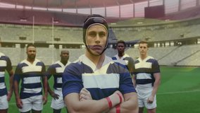 Standing confidently, rugby players in striped jerseys on stadium field. Sports, team, athletes, competition, teamwork, strength - Powered by Shutterstock - Get 15% off with code: PIKWIZARD15