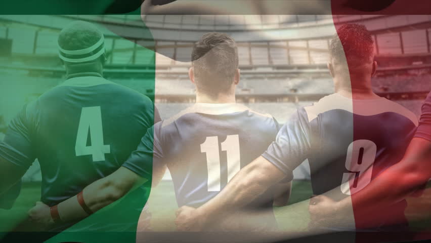 Standing together in stadium, rugby players with animation of Italian flag. teamwork, sports, competition, unity, national pride, athletes - Powered by Shutterstock - Get 15% off with code: PIKWIZARD15