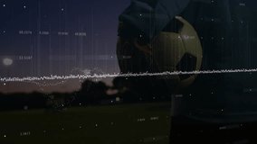 Soccer player holding ball with data processing animation over dark field. athlete, sports, technology, digital, analysis, innovation - Powered by Shutterstock - Get 15% off with code: PIKWIZARD15