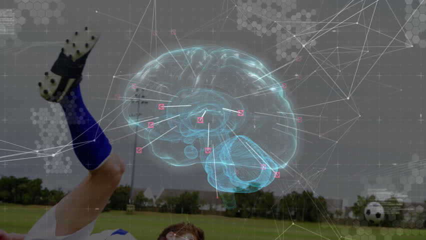 Animation of digital brain with network connections, person kicking soccer ball. Artificial intelligence, technology, innovation, neural network, football, sports - Powered by Shutterstock - Get 15% off with code: PIKWIZARD15