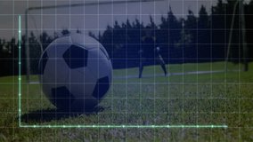 Soccer ball on field with data graph animation overlaying scene. Sports, analytics, technology, statistics, digital, strategy - Powered by Shutterstock - Get 15% off with code: PIKWIZARD15