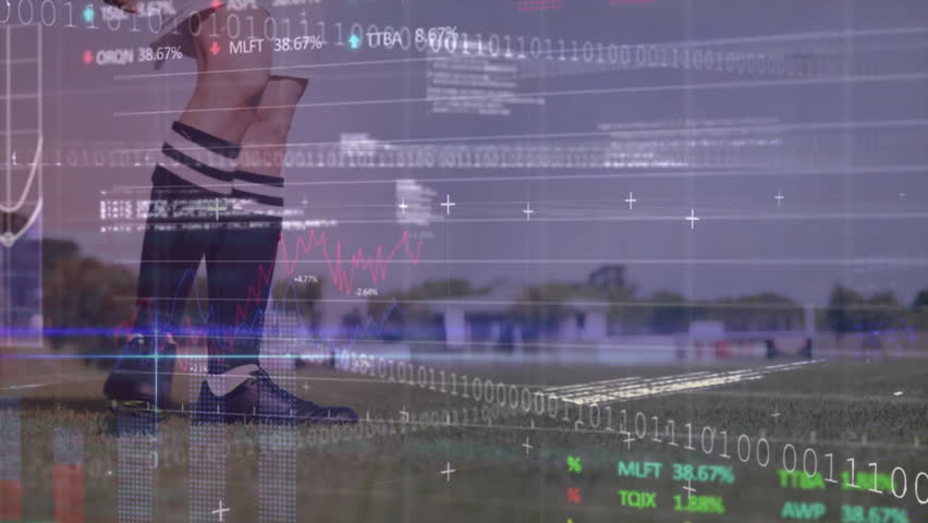 Soccer player on field with digital data and binary code overlay animation. Sports, athlete, technology, data analysis - Powered by Shutterstock - Get 15% off with code: PIKWIZARD15