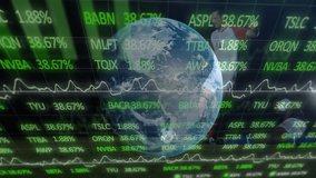 Earth surrounded by fluctuating stock market data and financial graphs animation. Finance, investment, data visualization, global economy, analytics, technology - Powered by Shutterstock - Get 15% off with code: PIKWIZARD15