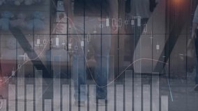 Animation of financial data charts overlaying people walking in urban setting. Finance, economy, statistics, analytics, business, city - Powered by Shutterstock - Get 15% off with code: PIKWIZARD15