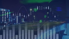 Financial data charts and graphs animation over cityscape at night. Business, finance, economy, growth, analytics, urban - Powered by Shutterstock - Get 15% off with code: PIKWIZARD15