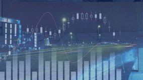 Overlaying financial data charts on cityscape with blurred traffic lights animation. Finance, economy, business, analytics, urban, metropolitan - Powered by Shutterstock - Get 15% off with code: PIKWIZARD15