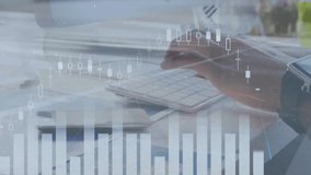 Typing on keyboard, hands with financial data animation overlay in office. Business, finance, technology, analysis, digital, information - Powered by Shutterstock - Get 15% off with code: PIKWIZARD15