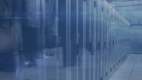 In server room, people walking while data processing animation overlays scene. Technology, data center, networking, cybersecurity, IT professional, servers - Powered by Shutterstock - Get 15% off with code: PIKWIZARD15