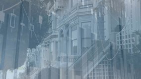 Overlaying graph animation on residential street with trees and buildings. Urban, technology, data, growth, economy, futuristic - Powered by Shutterstock - Get 15% off with code: PIKWIZARD15