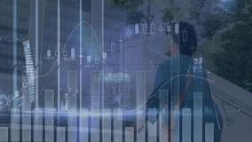 Animation overlaying financial data charts as person walking in urban cityscape. Business, finance, analysis, modern, digital, economy - Powered by Shutterstock - Get 15% off with code: PIKWIZARD15