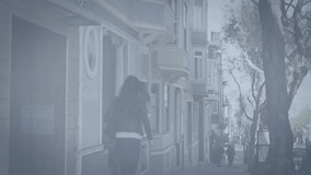 Bar graph and data chart animation over urban street scene with people walking. Business, analytics, technology, finance, city, statistics - Powered by Shutterstock - Get 15% off with code: PIKWIZARD15