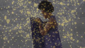 Exercising on beach, woman with animation of network connections and yellow dots. Fitness, technology, digital, innovation, connectivity, wellness - Powered by Shutterstock - Get 15% off with code: PIKWIZARD15