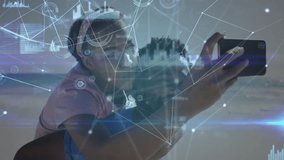 Smiling couple taking selfie on beach with digital network overlay animation. Vacation, travel, technology, connectivity, social media, summer - Powered by Shutterstock - Get 15% off with code: PIKWIZARD15