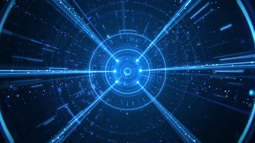 Blue technology particle light explosion, high-tech particle lines shuttle transition, glow particle light tunnel passes through.