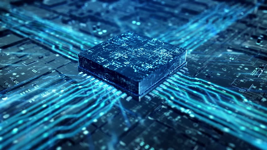 High-tech chip startup display animation, motherboard circuit current. CPU activates futuristic AI, digital hi-tech circuit lines with chip. CPU Activation with millions of signals on motherboard.
