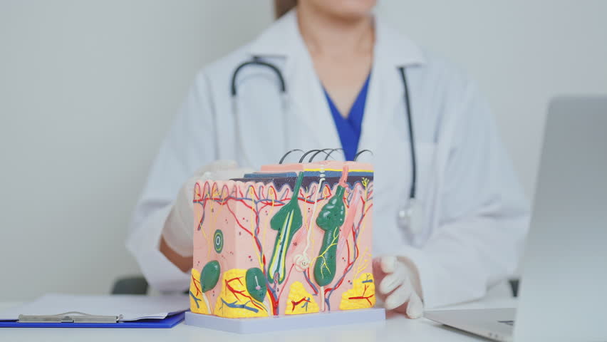 Dermatologist with anatomy model of human skin with hair. Doctor show structure of Skin, Skin disease and Hair loss. Health care, Dermatology treatment, Cosmetic surgery and Beauty consultation clinic