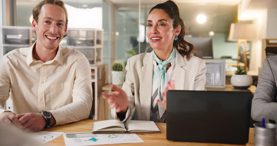 Shaking hands, interview and business people with candidate in office for recruitment process. Meeting, onboarding and applicant with HR panel for handshake with job offer agreement for hiring.