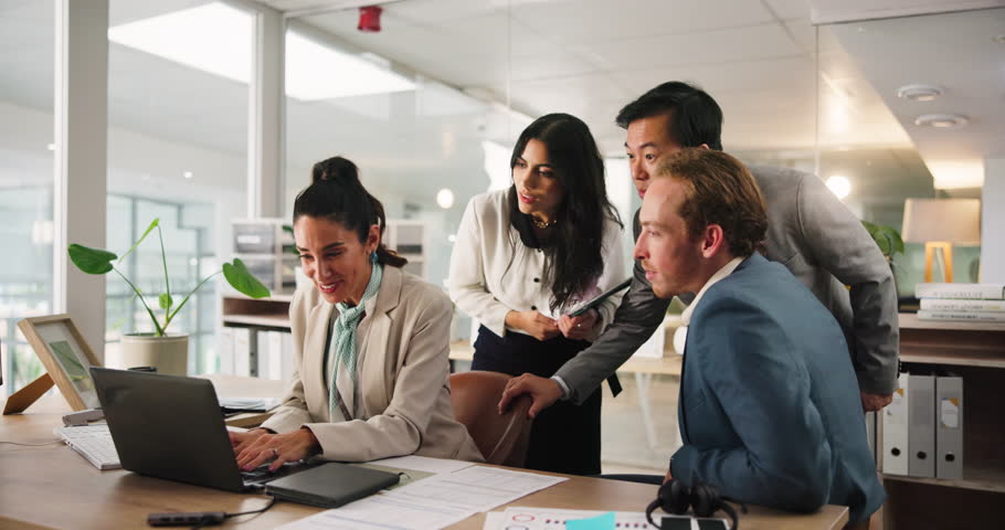 High five, laptop and business people in office, celebration and email with positive audit report. Group, accounting or employees with success, achievement or award for financial training and excited