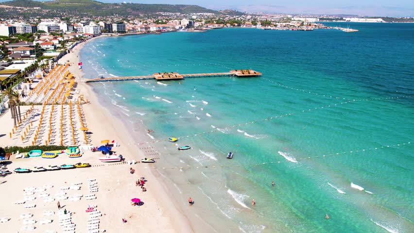 Ilica Beach in Alacati. Cesme District, Izmir, Turkey. Beautiful turquoise sea view in Cesme. Drone shot.