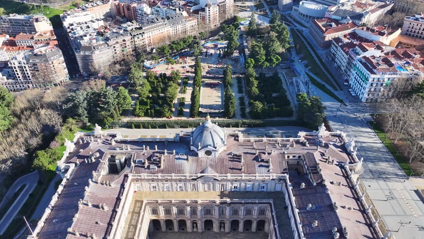 Royal Palace Of Madrid At Madrid In Community Of Madrid Spain. Medieval Buildings Landscape. Downtown District. Capital City Scenery. Royal Palace Of Madrid In Spain. Beautiful Cityscape.
