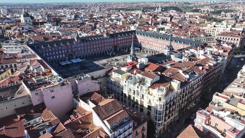Mayor Square At Madrid In Comunidad De Madrid Spain. Plaza Mayor Scenery. Downtown Cityscape. Madrid At Comunidad De Madrid Spain. Outdoor Boardwalk. Historic Place Skyline.