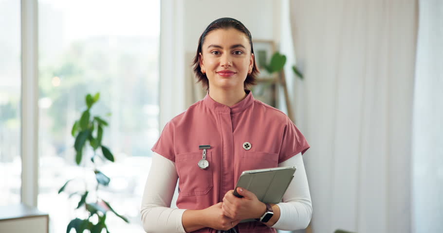 Woman, nurse and face in nursing home with tablet healthcare and confidence in living room. Happy therapist person, smile and portrait in clinic for medical support and trust with caregiver in office