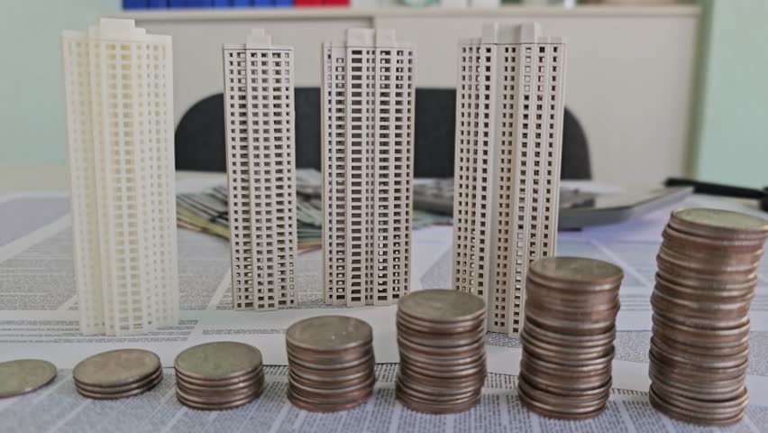 Building models and coin stacks illustrating real estate investment concepts in a workspace