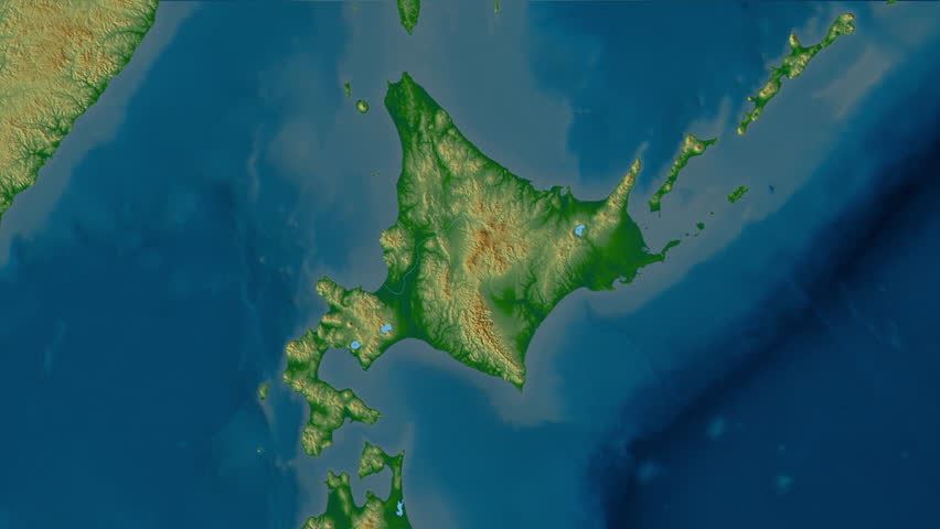Hokkaido region, Japan, extruded. Physical map