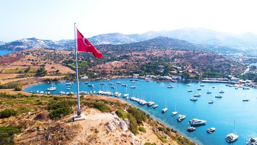 Aerial view of Gumusluk, Bodrum. Mugla, Turkey. Gumusluk Bay (Myndos) panoramic view. Drone shot.