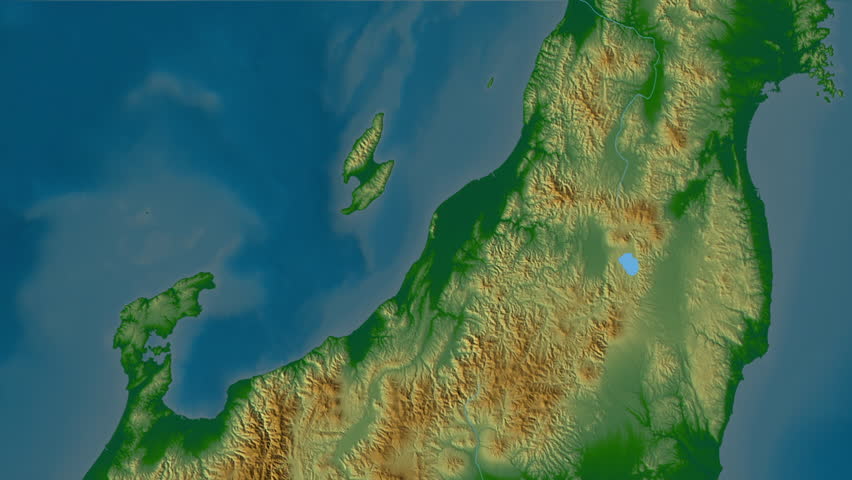 Niigata region, Japan, extruded. Physical map