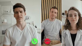 Three participants interact on a split screen video call from different locations. They share thoughts and ideas while visually connecting through technology. - Powered by Shutterstock - Get 15% off with code: PIKWIZARD15