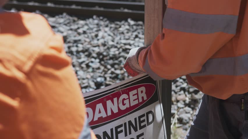 Two construction workers in high-visibility clothing install a ‘Confined Space’ warning sign beside a railway tunnel entrance.