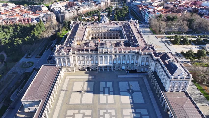 Royal Palace Of Madrid At Madrid In Community Of Madrid Spain. Medieval Buildings Landscape. Downtown District. Capital City Scenery. Royal Palace Of Madrid In Spain. Beautiful Cityscape.