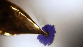 Macro of Blue Ink Flowing from Retro Fountain Pen Nib, Absorbing into Paper. - Powered by Shutterstock - Get 15% off with code: PIKWIZARD15