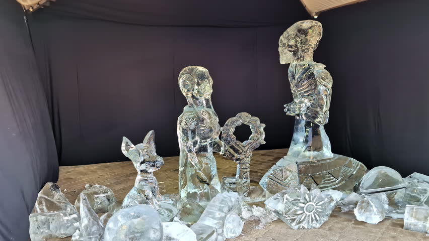 Small ice sculptures at display in International Ice Festival in Jelgava, Latvia.