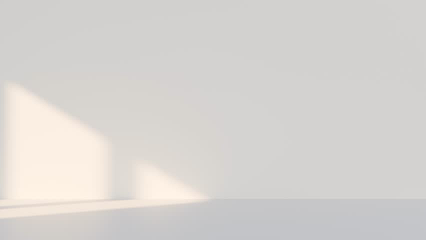 3D white studio room with a window shadow on the wall. Sunlight moves across the empty room. Background for product display, with space for text.
