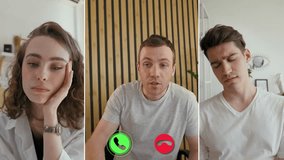 Three people connect through an online call, sharing reactions and expressions. They discuss various topics, highlighting engagement and emotions in a digital social setting. - Powered by Shutterstock - Get 15% off with code: PIKWIZARD15