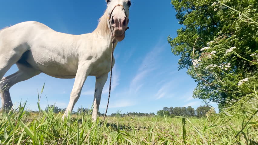 White horse grazing on the farm field. Wide angle. High quality 4k footage