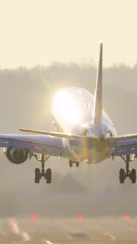 Airliner lands smoothly at sunset. Vertical video