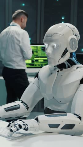 Cybernetic white robot using desktop computer programming software working with people in server room. Data center. Artificial intelligence.
