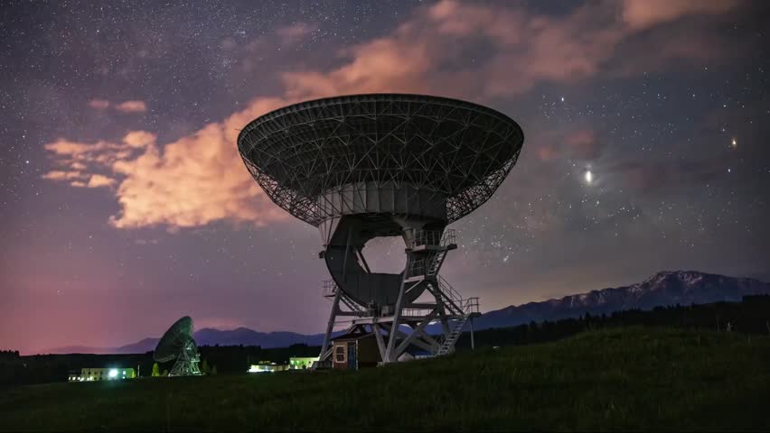 A radio telescope looks up into the sky