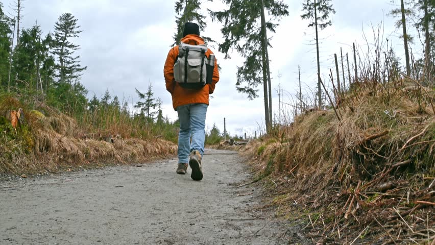 A man walks along a path in the mountains. Hiking. Cloudy weather, early spring.