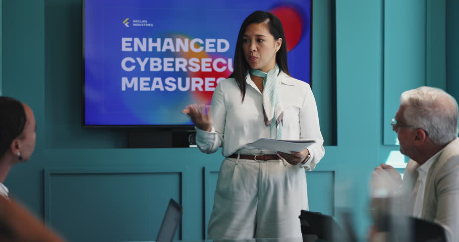 Presentation, meeting and woman with business people for cybersecurity training, workshop and info. Professional, corporate and workers with monitor for data protection, digital security and safety