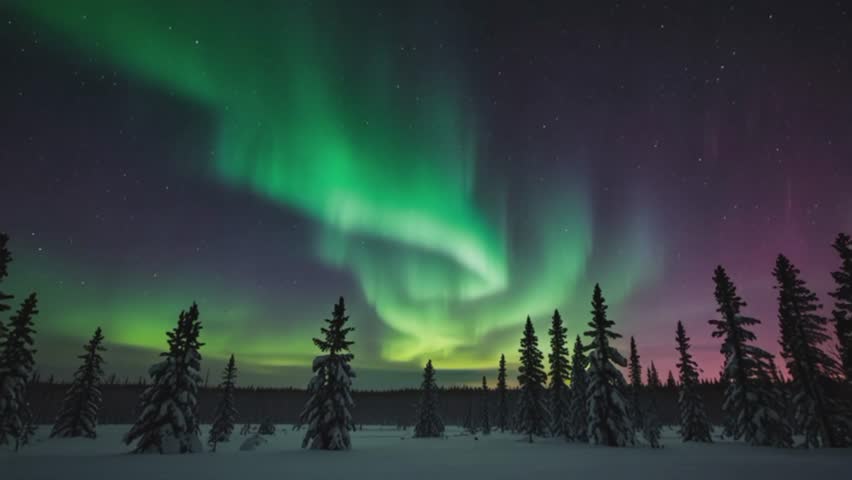A stunning night featuring the colorful Aurora Borealis dancing above the snowy forest. Bright green and purple lights illuminate the dark night sky, creating a stunning sight.