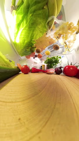 Vertical video. The refrigerator door opens as a man takes and eats a piece of peeled grapefruit. The foreground shows fresh produce like tomatoes, onions, and peppers, adding vibrancy to the scene