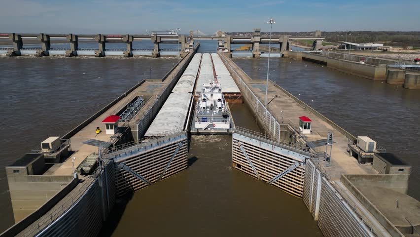 A barge entering the Melvin Price locks and dam in Alton, Illinois on the Mississippi River