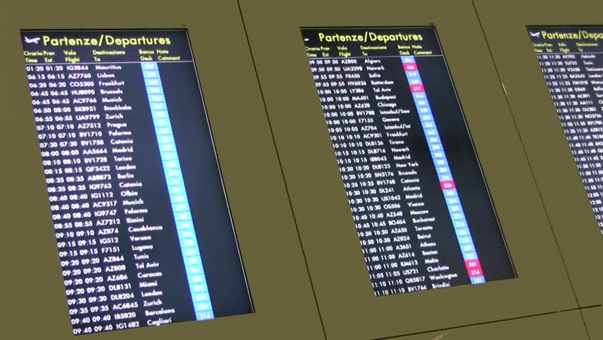 Information board about the time of departure of aircraft at the airport is
