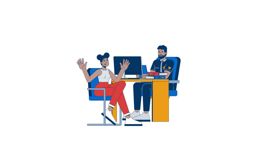 Emotional victim reports crime to police officer 2D characters animation. Distressed black woman explaining to african american policeman animated people cartoon 4K video isolated on white transparent