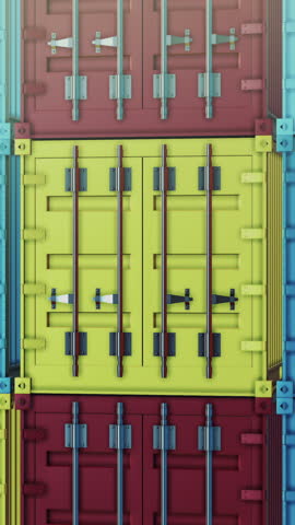 vertical scroll of the camera,  stack of coloured shipping containers (3d render)
